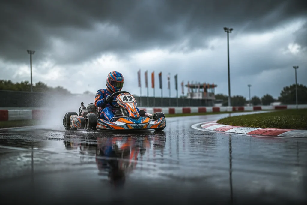 Karting sous la pluie vitesse et eclaboussures