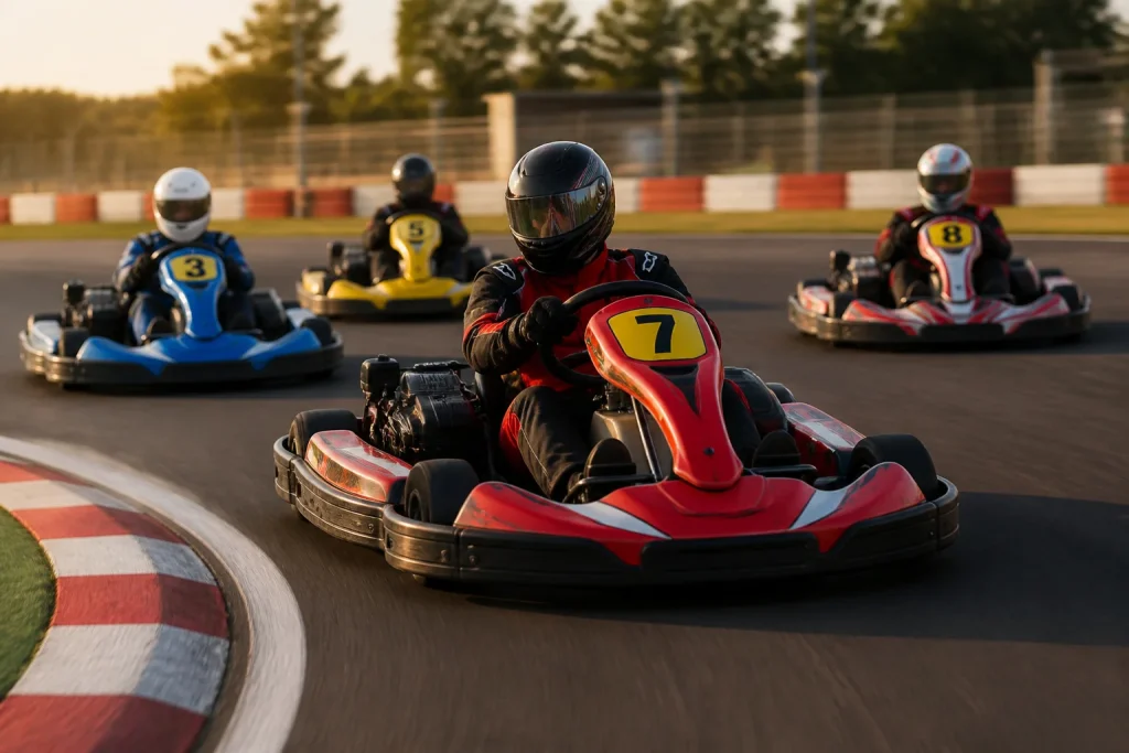Course de karting intense au coucher du soleil