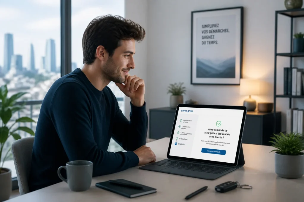 Jeune homme valide sa carte grise en ligne