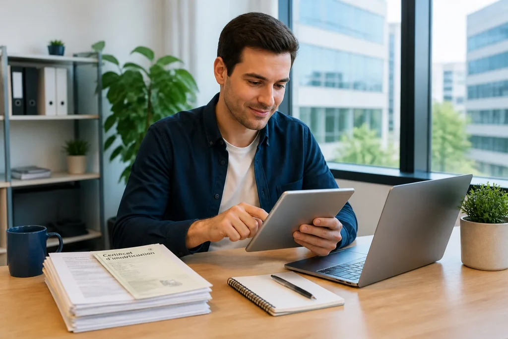 Homme utilisant une tablette et un ordinateur portable