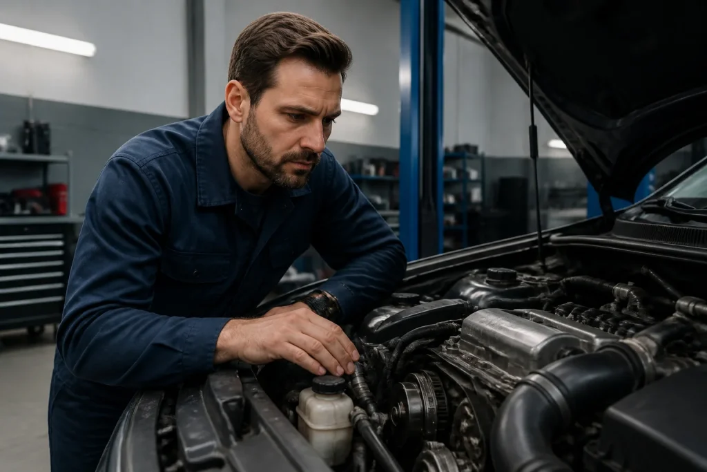 Mecanicien examinant un moteur de voiture