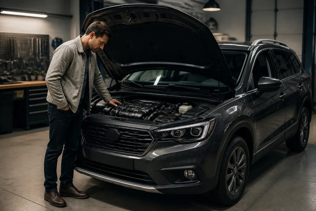 Homme inspectant le moteur de son suv